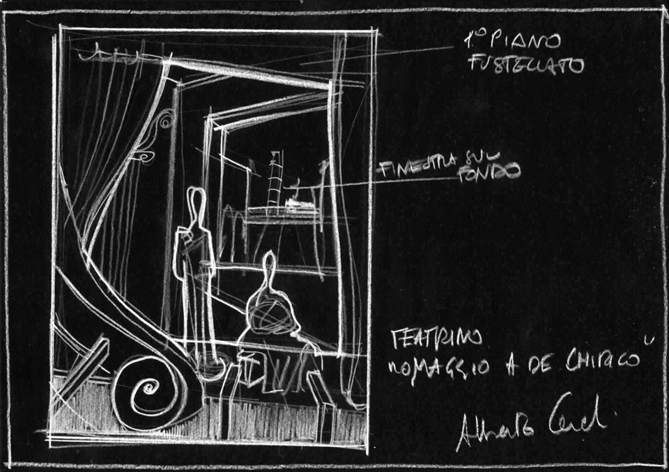 Teatrino metafisico su De Chirico: schizzo iniziale